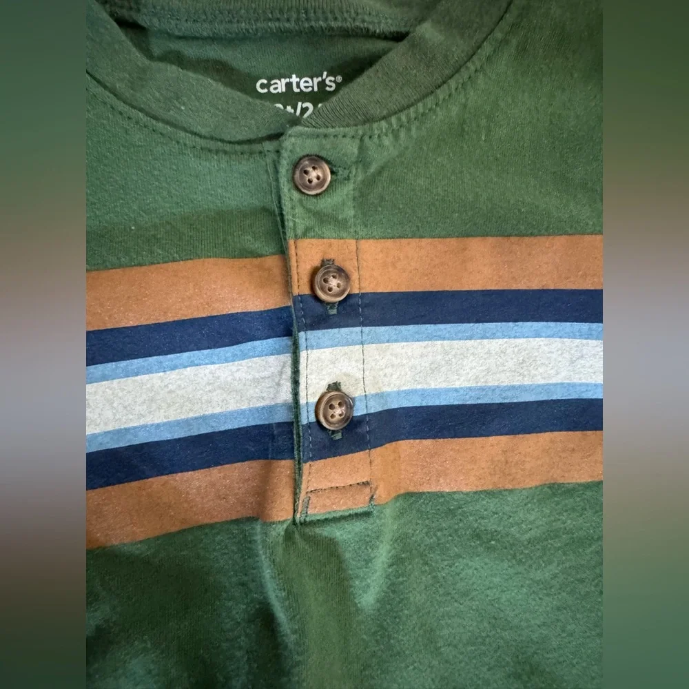 Carter’s Green & Khaki toddler boy outfit 2T Button up striped shirt lined pants